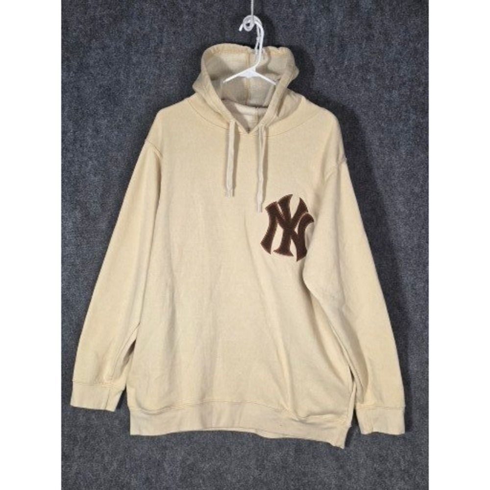 Stitches New York Yankees Hoodie Mens Large Cream Brown Logo Pullover MLB Casual